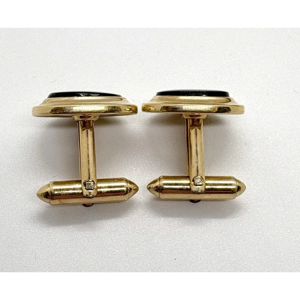 Vintage Hadley USA 12K Yellow Gold Filled Oval Black Onyx Bullet Back Cufflinks